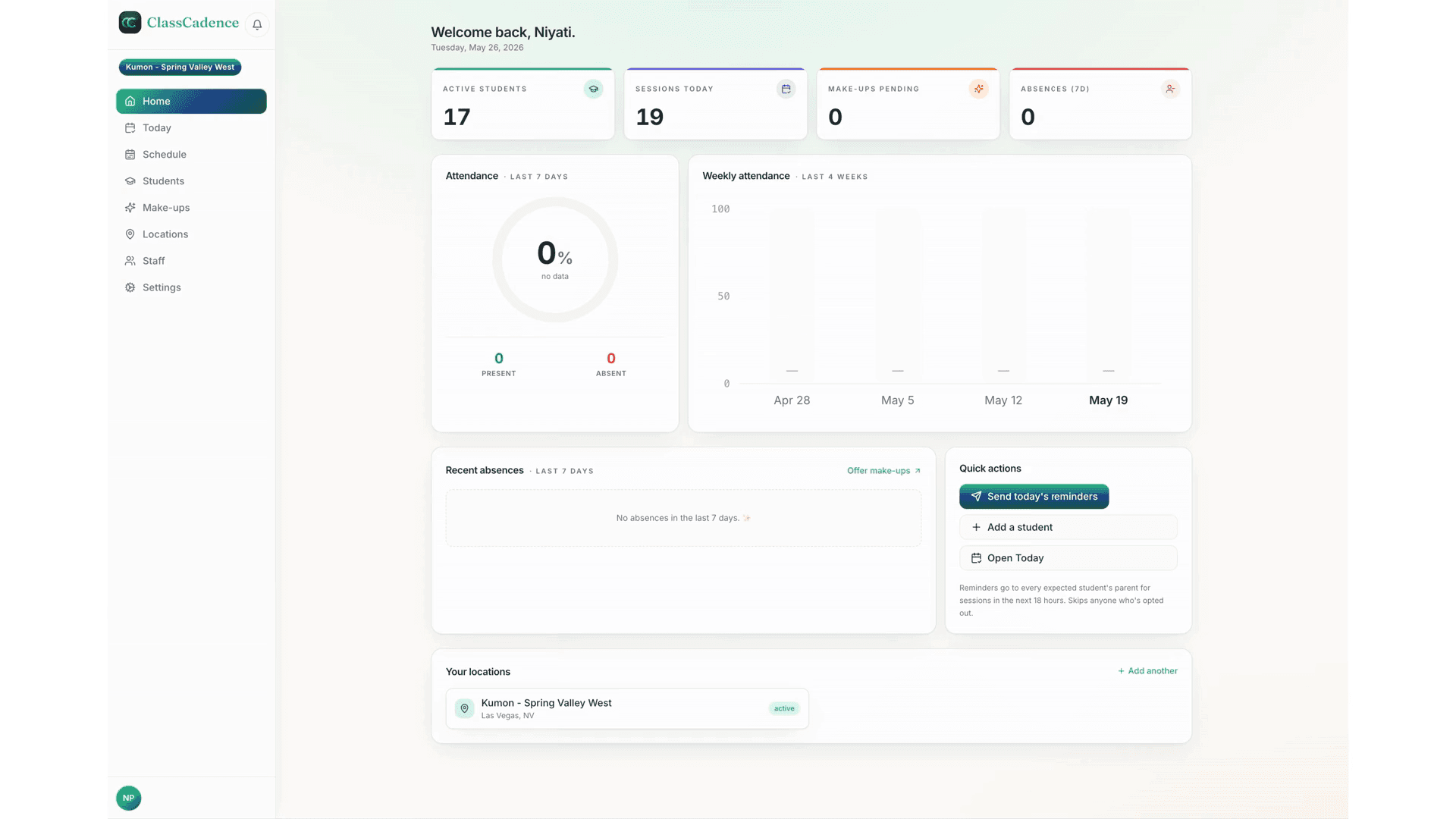 ClassCadence tenant dashboard showing active students, sessions today, attendance ring, and weekly attendance bars