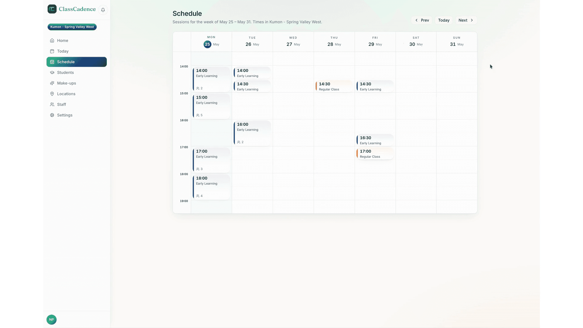 ClassCadence weekly schedule grid with sessions blocked across Mon-Sun in the location's timezone