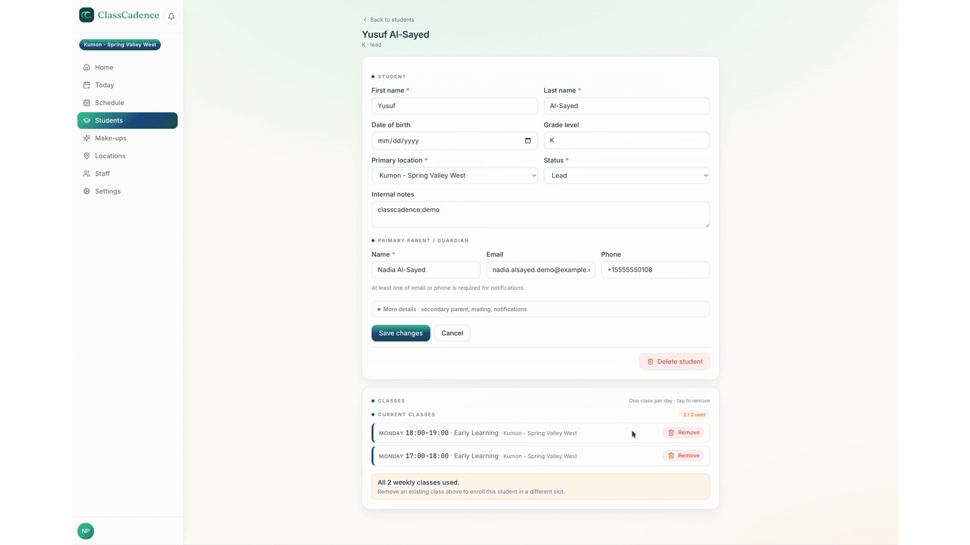 ClassCadence student record showing parent contact info, enrollment slots, and status